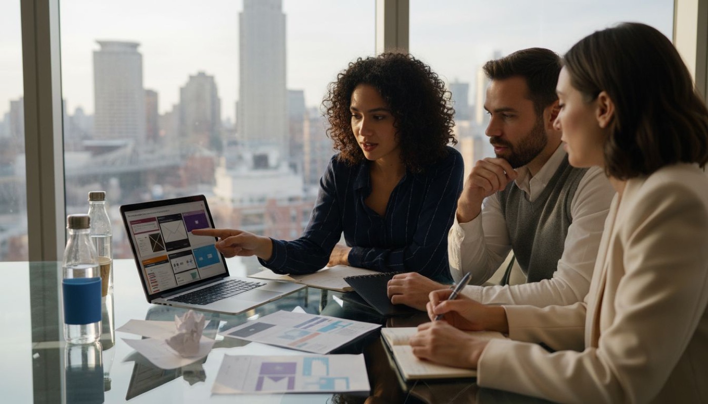 Business team reviewing branded email templates
