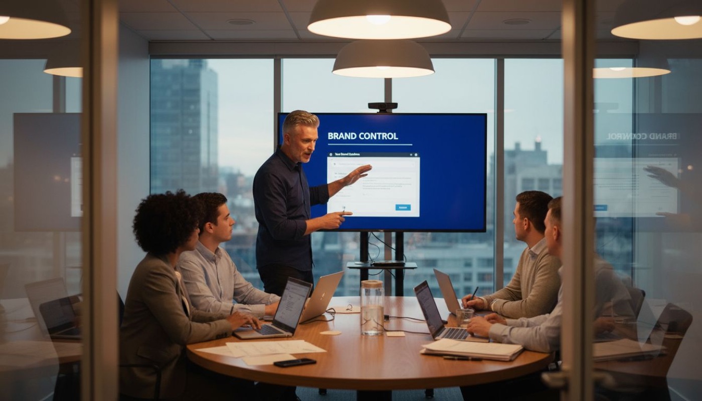 Team meeting on white-label email branding