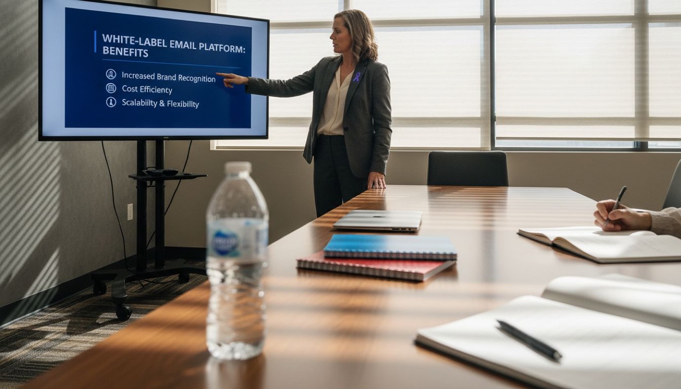 Manager presenting white-label email platform advantages