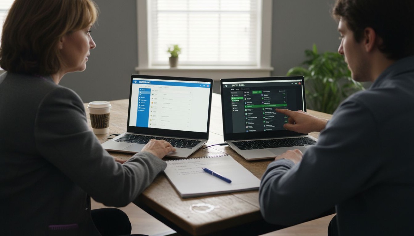 Two people compare email hosting platforms
