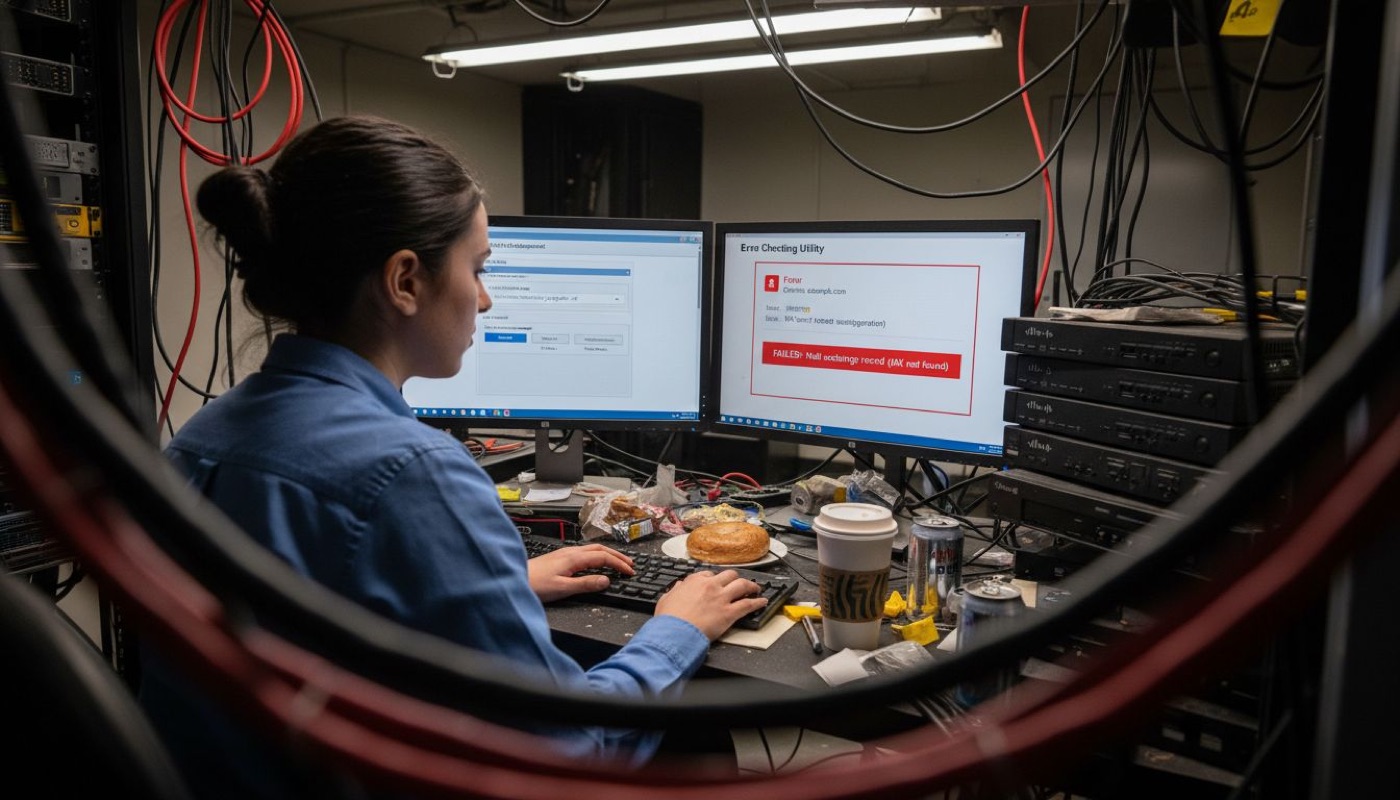 IT specialist configuring DNS records at desk