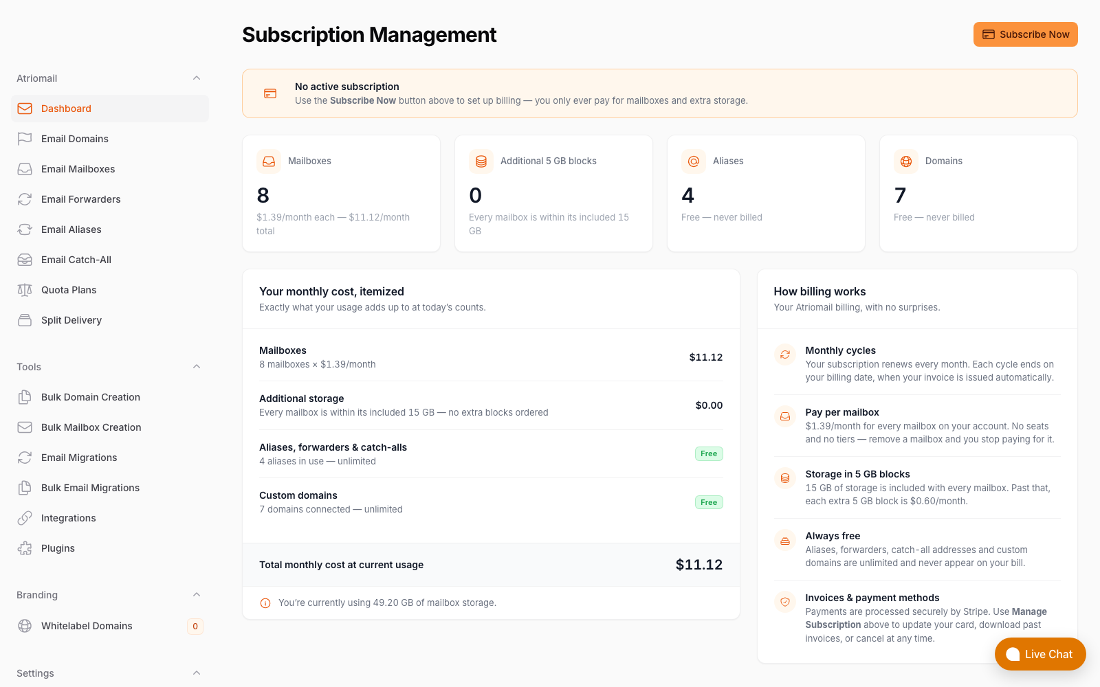 Atriomail billing page with itemized monthly cost, mailboxes billed, aliases, forwarders and domains marked free