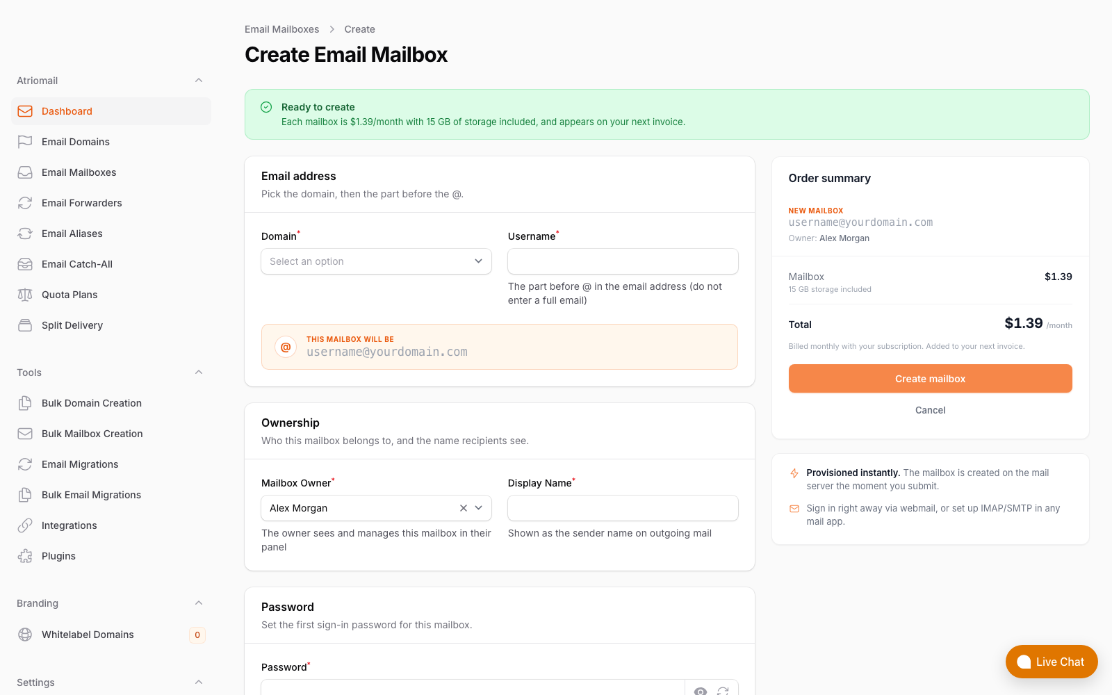 Creating a mailbox in Atriomail with a live order summary showing the exact monthly price