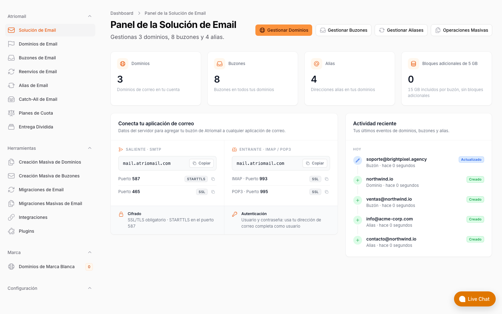 Panel de Atriomail mostrando dominios, buzones, alias y almacenamiento de un vistazo, con ajustes SMTP e IMAP y actividad reciente