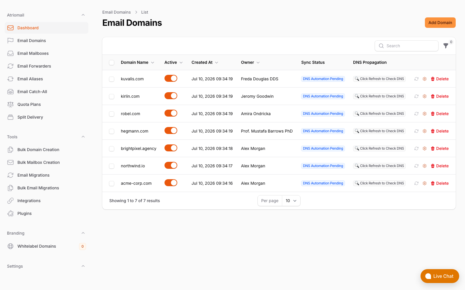 Atriomail domains list with automatic DNS verification status